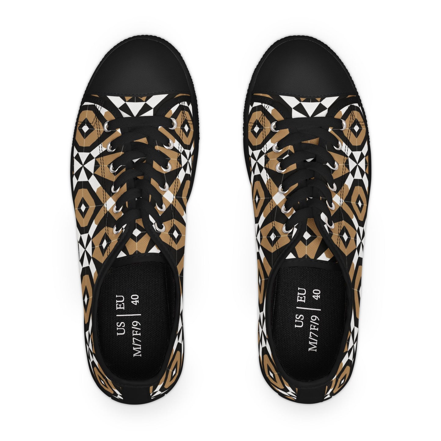 Low Top Sneakers — Geometric Tan & Black Aztec Pattern