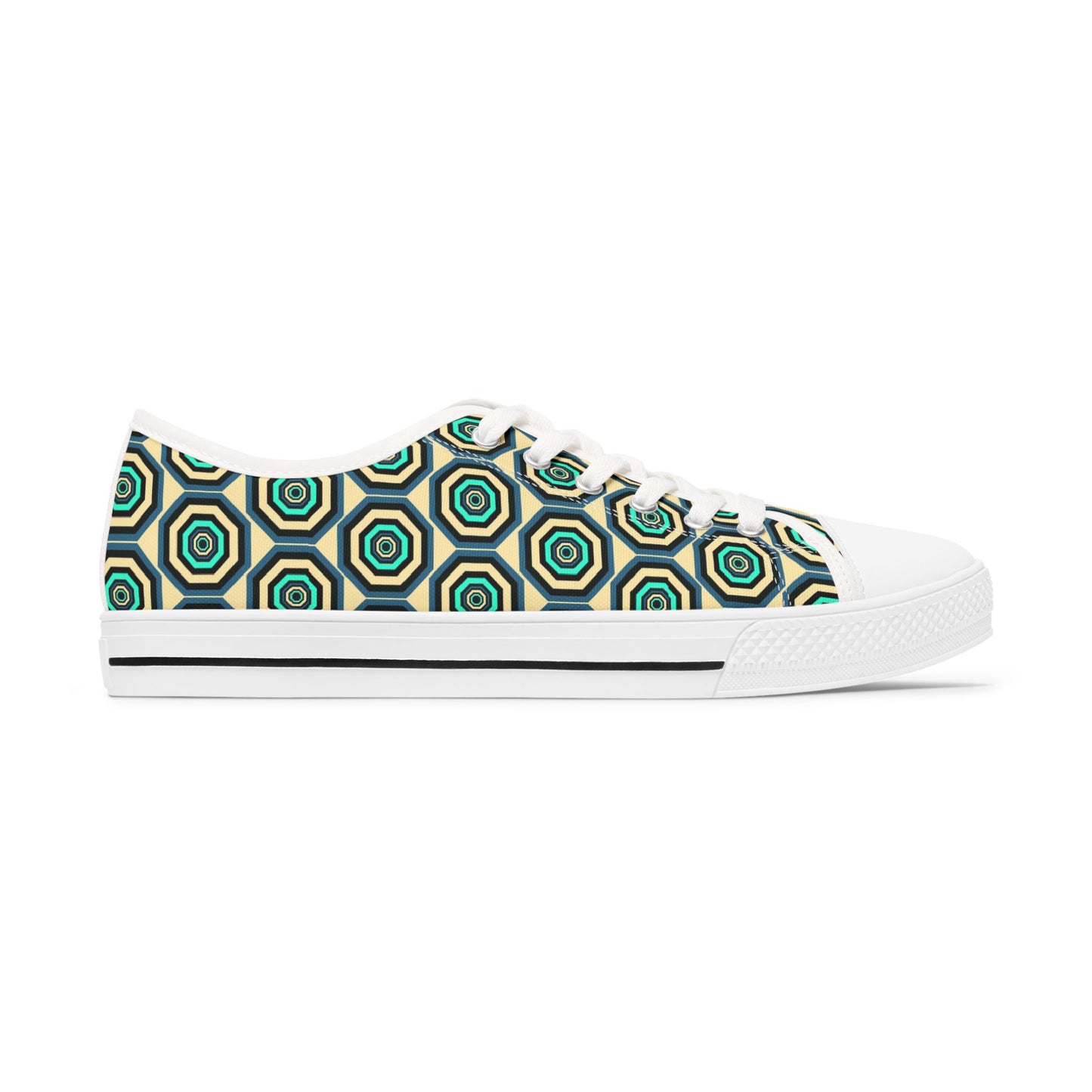 Geometric Retro Hexagon Women's Low Top Sneakers — Green Teal Patterned Canvas Shoes