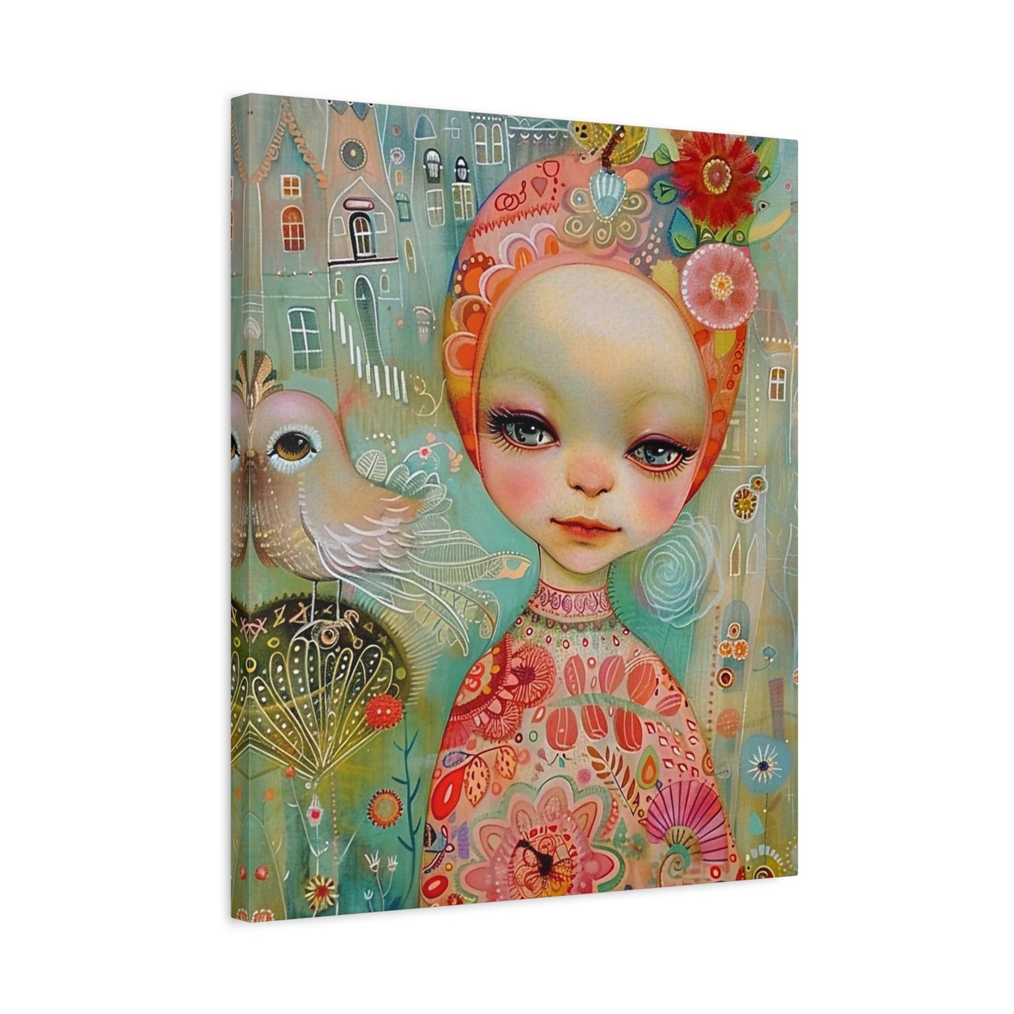 Whimsical Girl & Bird Matte Canvas Wall Art — Stretched Decorative Painting