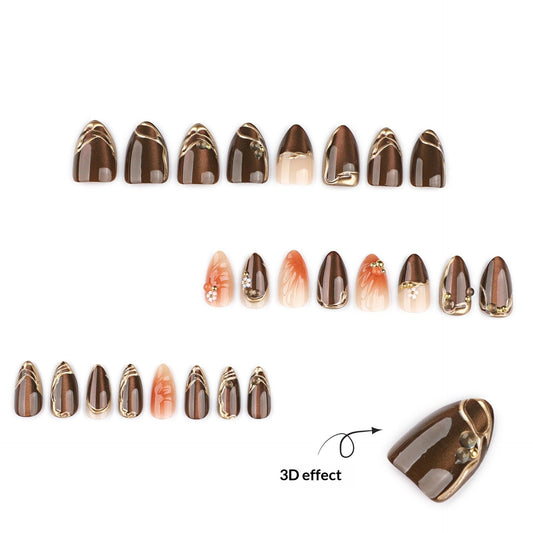 Brown Marble Gold-Accent Floral Press-On Nails – Image 2