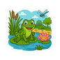 Frog Pond Kiss-Cut Sticker — Cute Lily Pad Frog & Dragonfly Decal