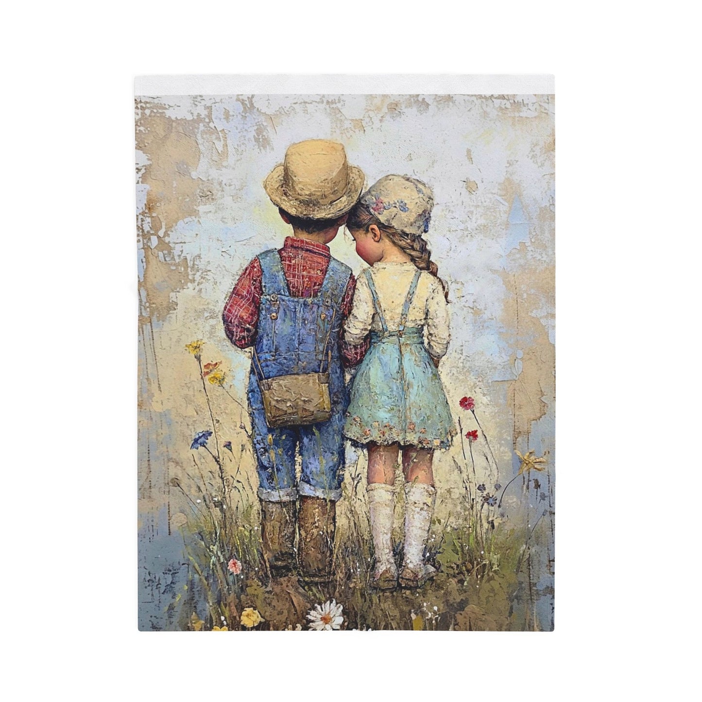 Vintage Children Standing Together Velveteen Plush Blanket — Rustic Nursery Throw