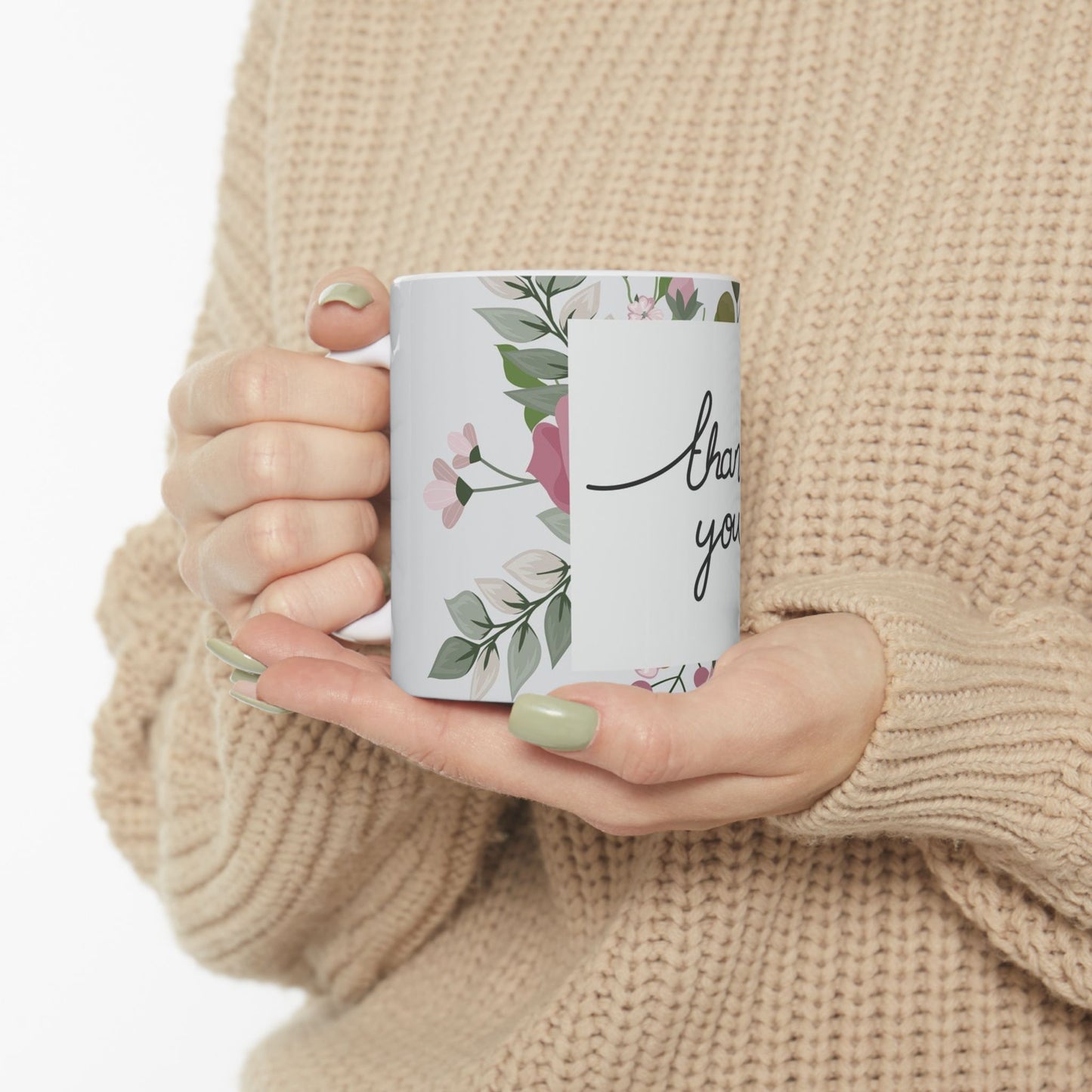 Thank You Floral Mug — Handwritten Script Ceramic Coffee Cup (11oz & 15oz)