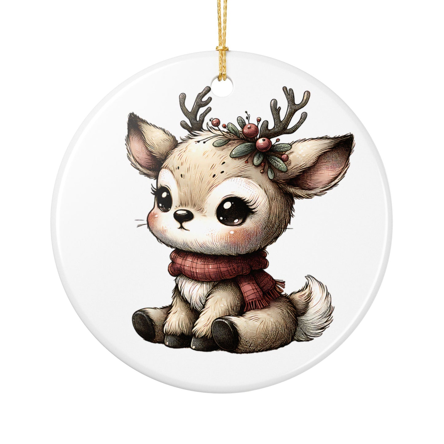 Cute Baby Reindeer Ceramic Ornament – Two-Sided Holiday Tree Decoration