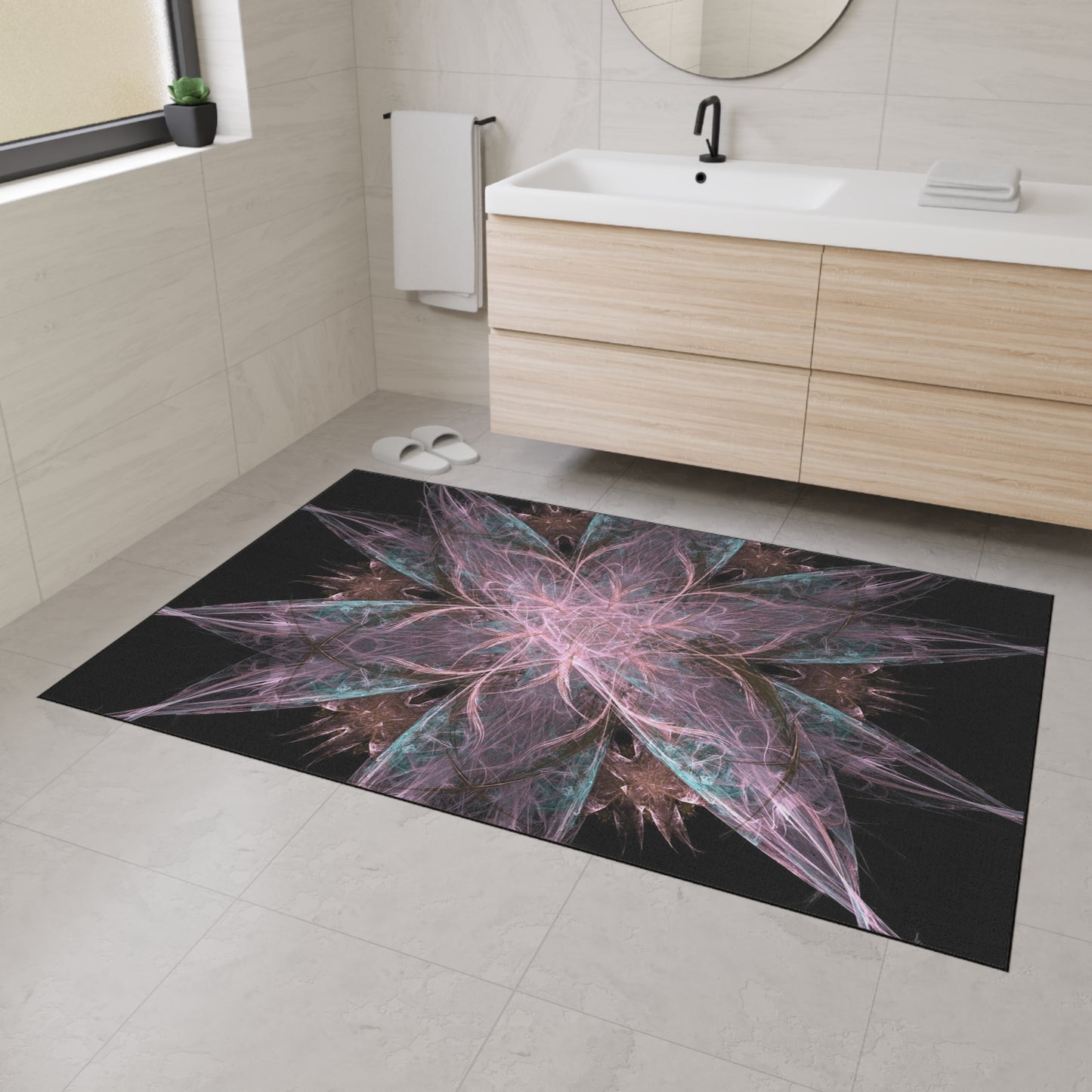Abstract Floral Mandala Heavy-Duty Floor Mat — Pink Teal Fractal Design
