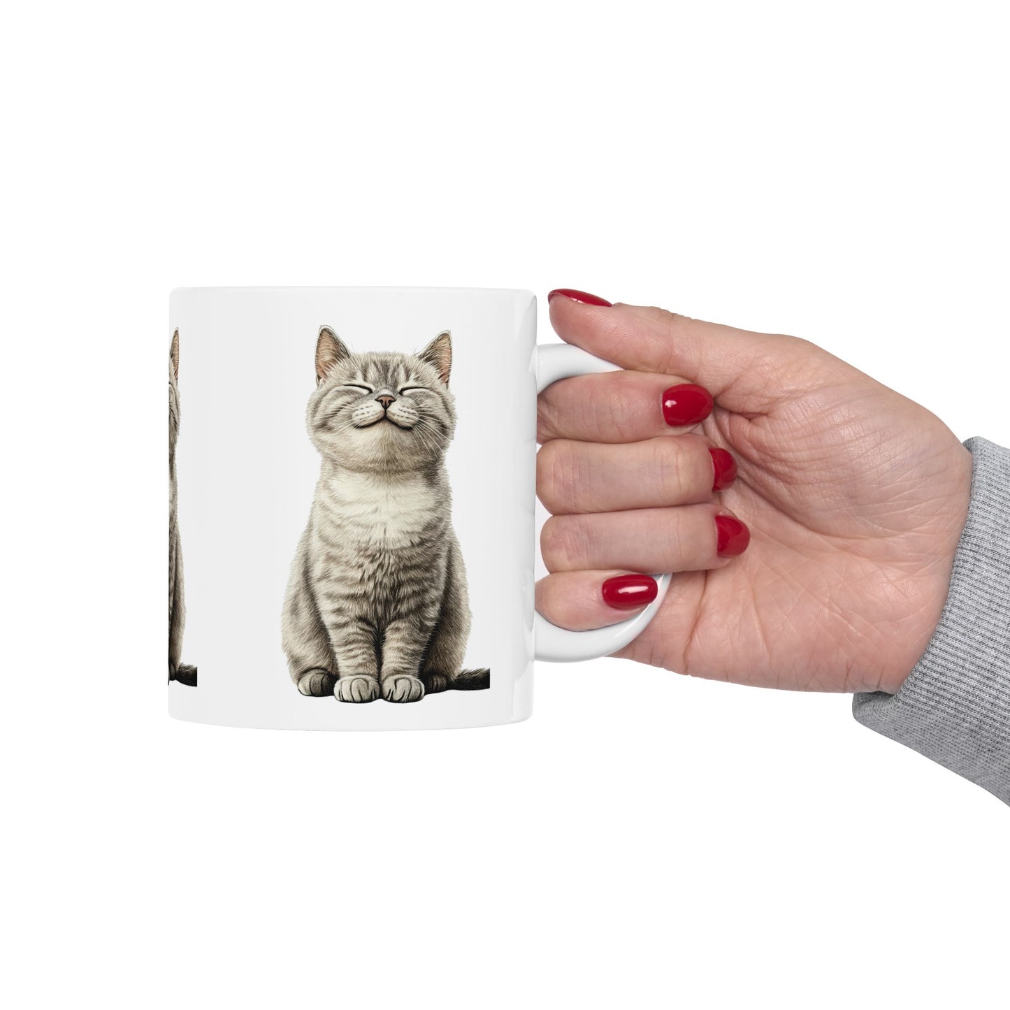 Smiling Grey Tabby Cat Ceramic Mug — Cute Cat Lover Coffee Cup (11oz & 15oz)