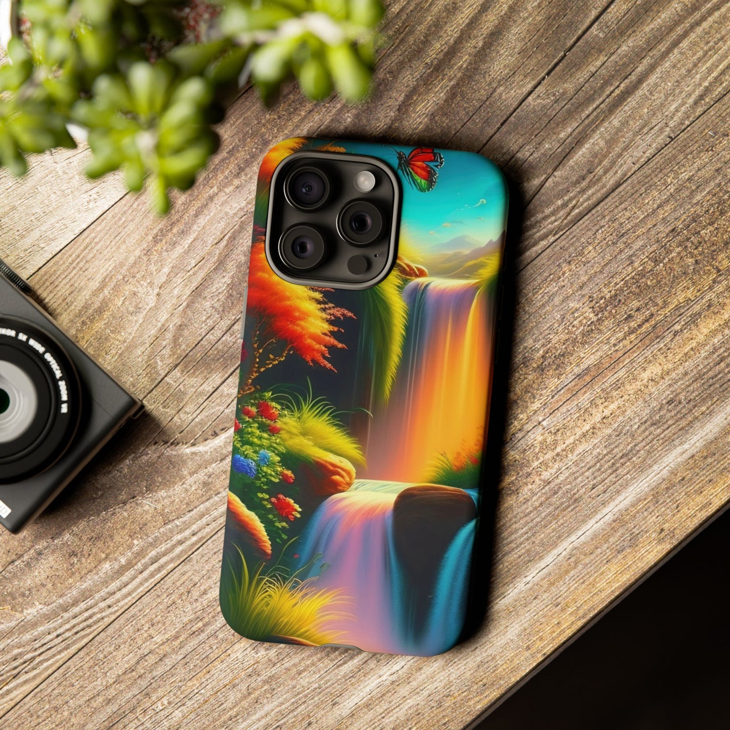 Phone Case - Vibrant Waterfall Landscape with Butterfly | Colorful Nature Protective Case