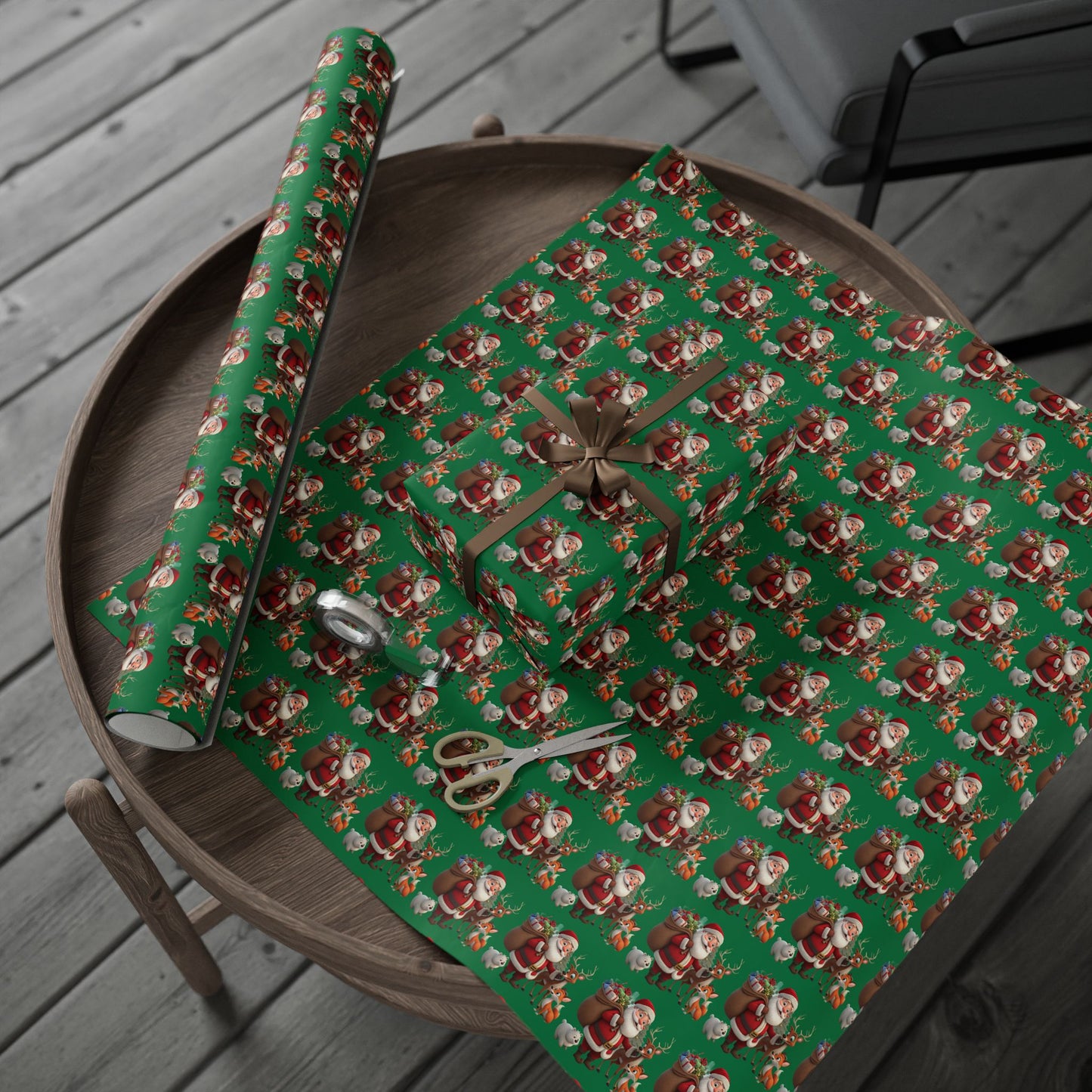 Christmas Santa & Reindeer Wrapping Paper Roll — Festive Green Holiday Gift Wrap