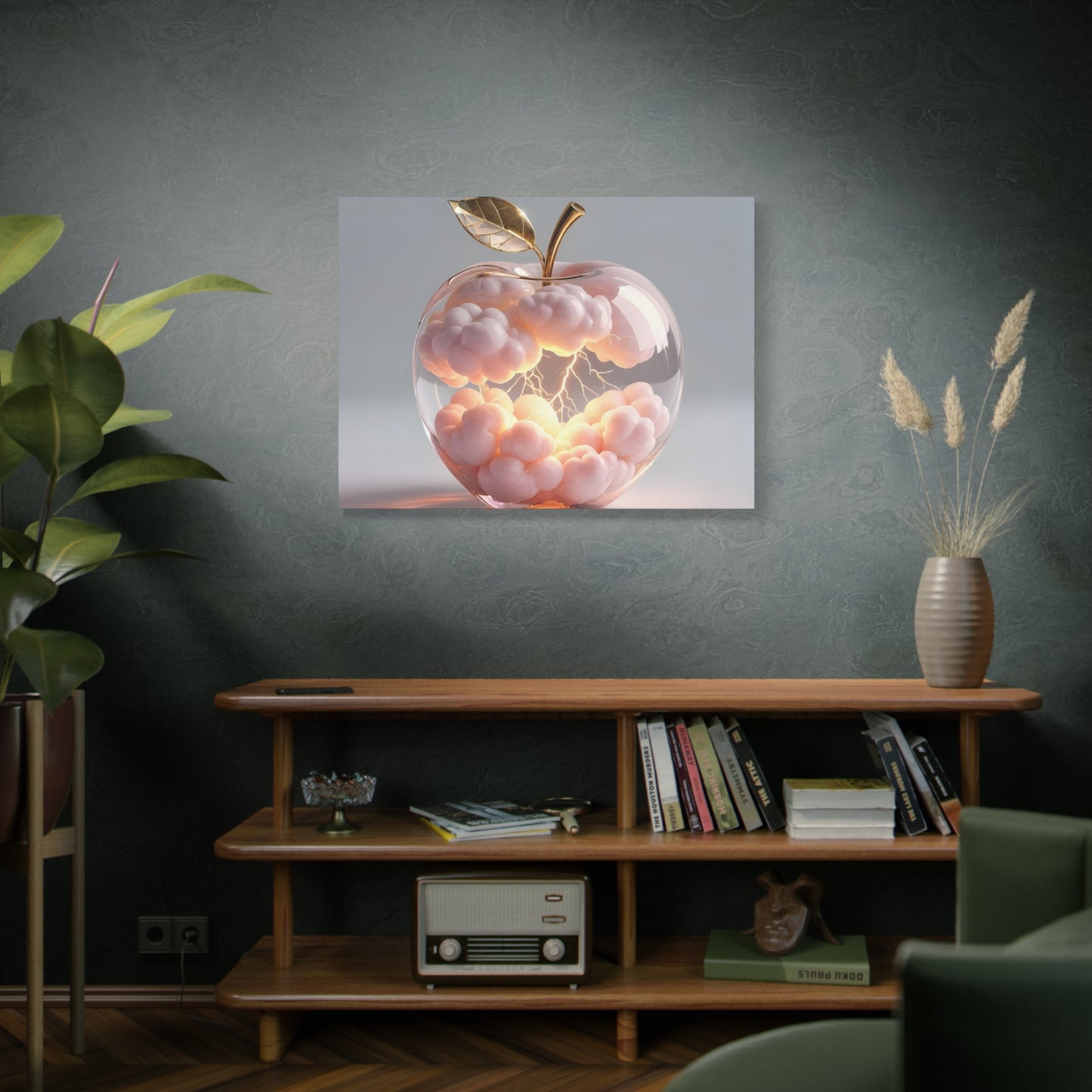 Surreal Glass Apple Canvas – Lightning & Pink Clouds Wall Art