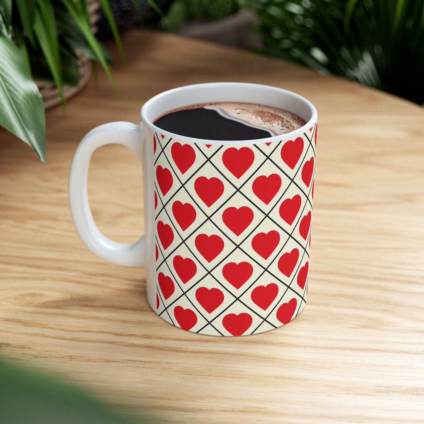 Heart Pattern Ceramic Mug – Red Hearts Grid Coffee Cup (11oz, 15oz)