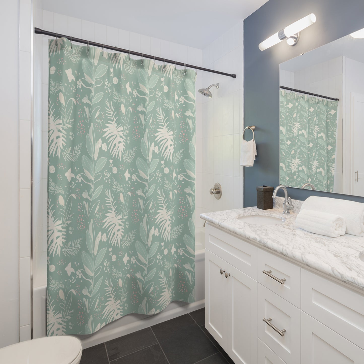 Botanical Leaf Shower Curtain — Mint Green Floral Bathroom Decor