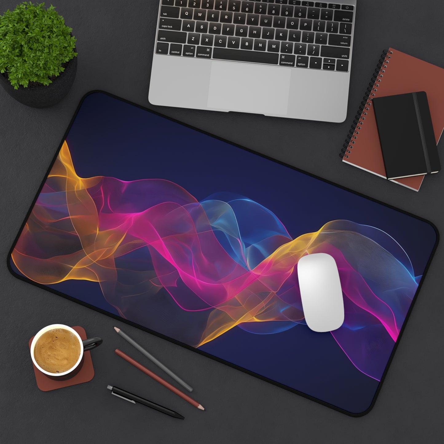 Abstract Neon Wave Desk Mat — Colorful Smoke Mouse Pad for Office & Gaming