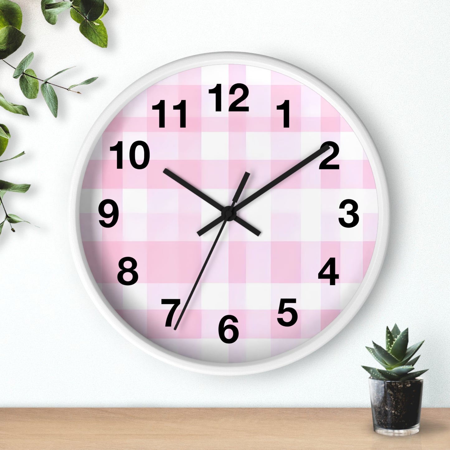 Pink Gingham Wall Clock — Cute Check Pattern Clock for Nursery & Kitchen