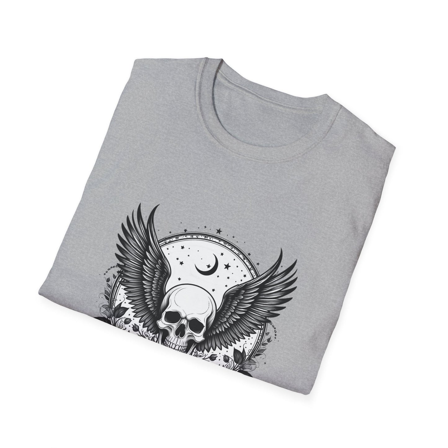 Skull Wings T‑Shirt – Crescent Moon & Red Roses Gothic Graphic Tee