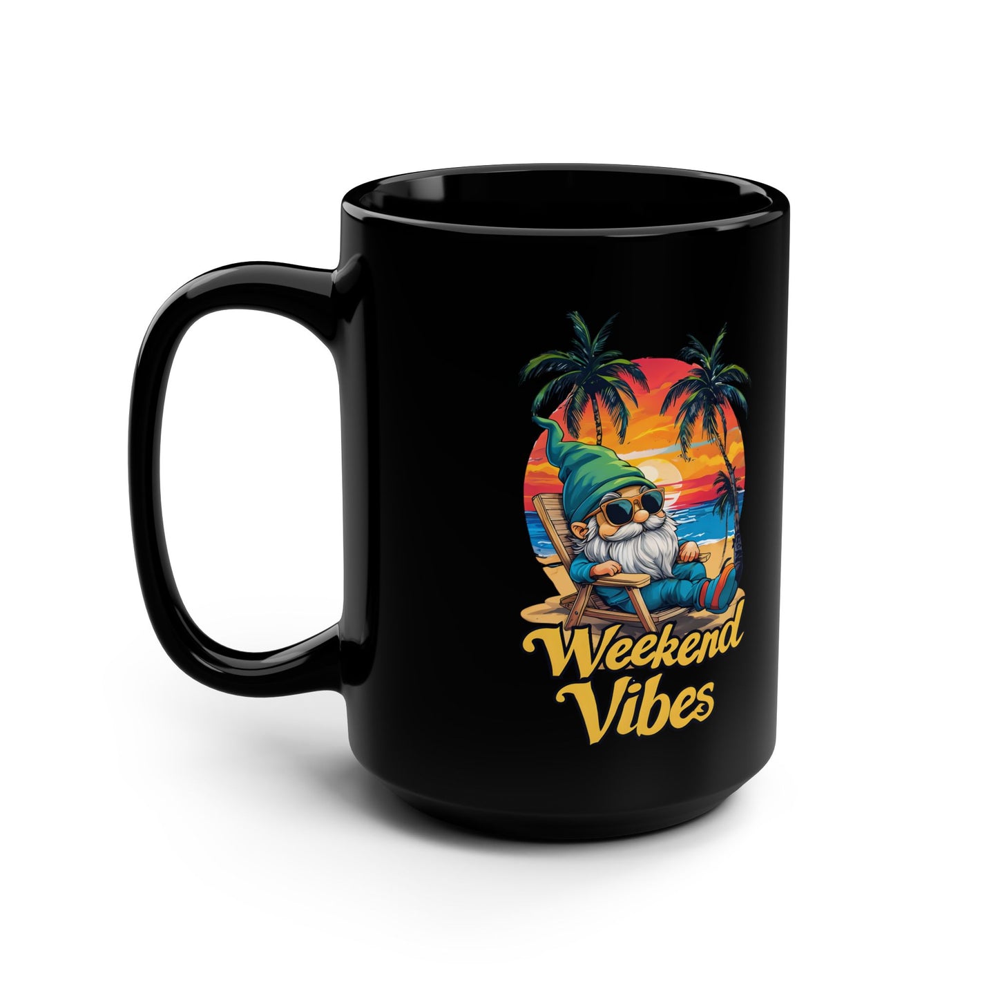 Weekend Vibes Mug — Tropical Sunset Gnome 15oz Black Coffee Cup