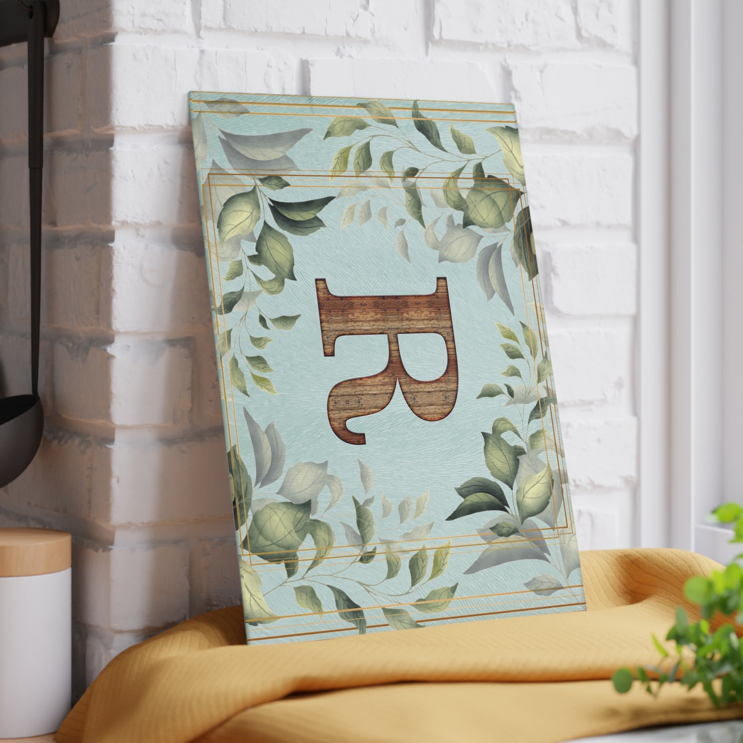 Monogram Glass Cutting Board — Rustic Wood “R” with Greenery Border
