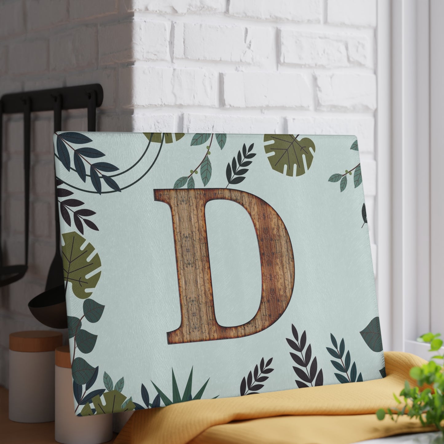Monogram D Wood Letter Glass Cutting Board – Botanical Initial Kitchen Decor