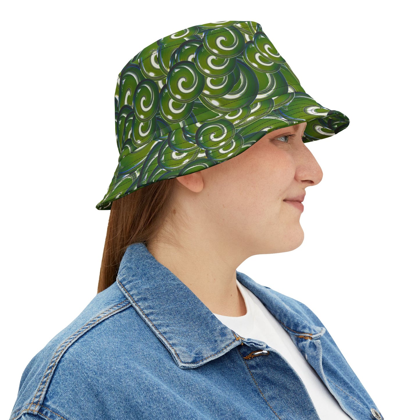 Green Swirl Pattern Bucket Hat – All-Over Print Casual Sun Hat