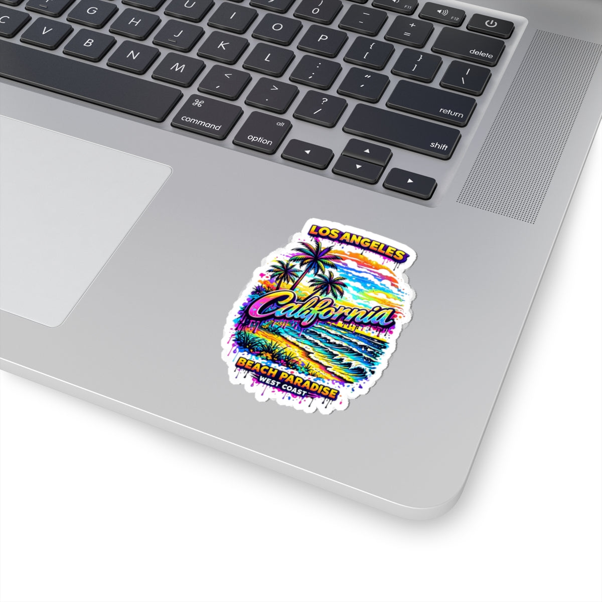 California Beach Paradise Kiss-Cut Sticker — Los Angeles Palm Tree Surf Vibes