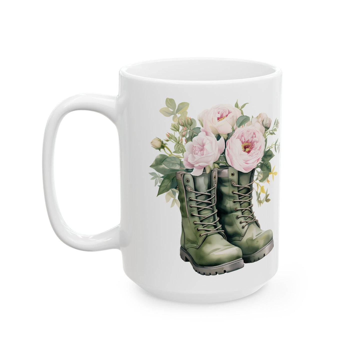 Floral Combat Boot Mug — Military Green Boot with Pink Roses Ceramic Coffee Cup (11oz & 15oz)