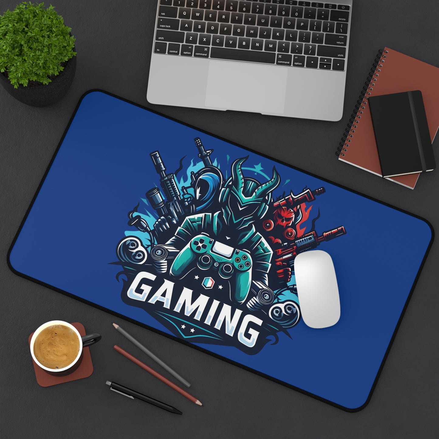 Gaming Desk Mat — Blue Gamer Mouse Pad with Controller Emblem