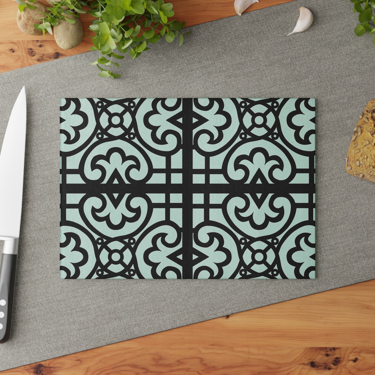 Glass Cutting Board — Decorative Moroccan Tile Pattern in Mint & Black