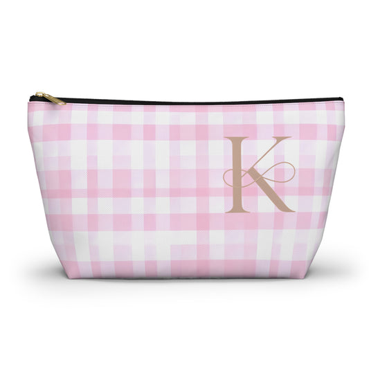 Personalized Pink Gingham Accessory Pouch, Makeup Bag - Letter K