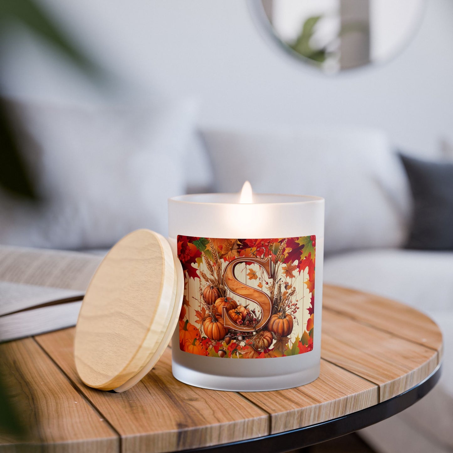 Autumn Monogram 'S' Frosted Glass Candle – Fall Pumpkin & Leaves 11oz