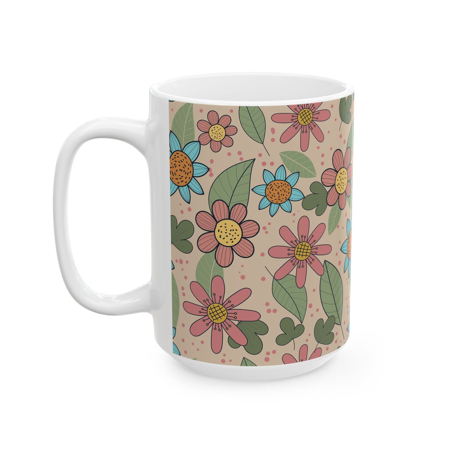 Floral Doodle Ceramic Mug – Retro Flower Pattern Coffee Cup (11oz & 15oz)
