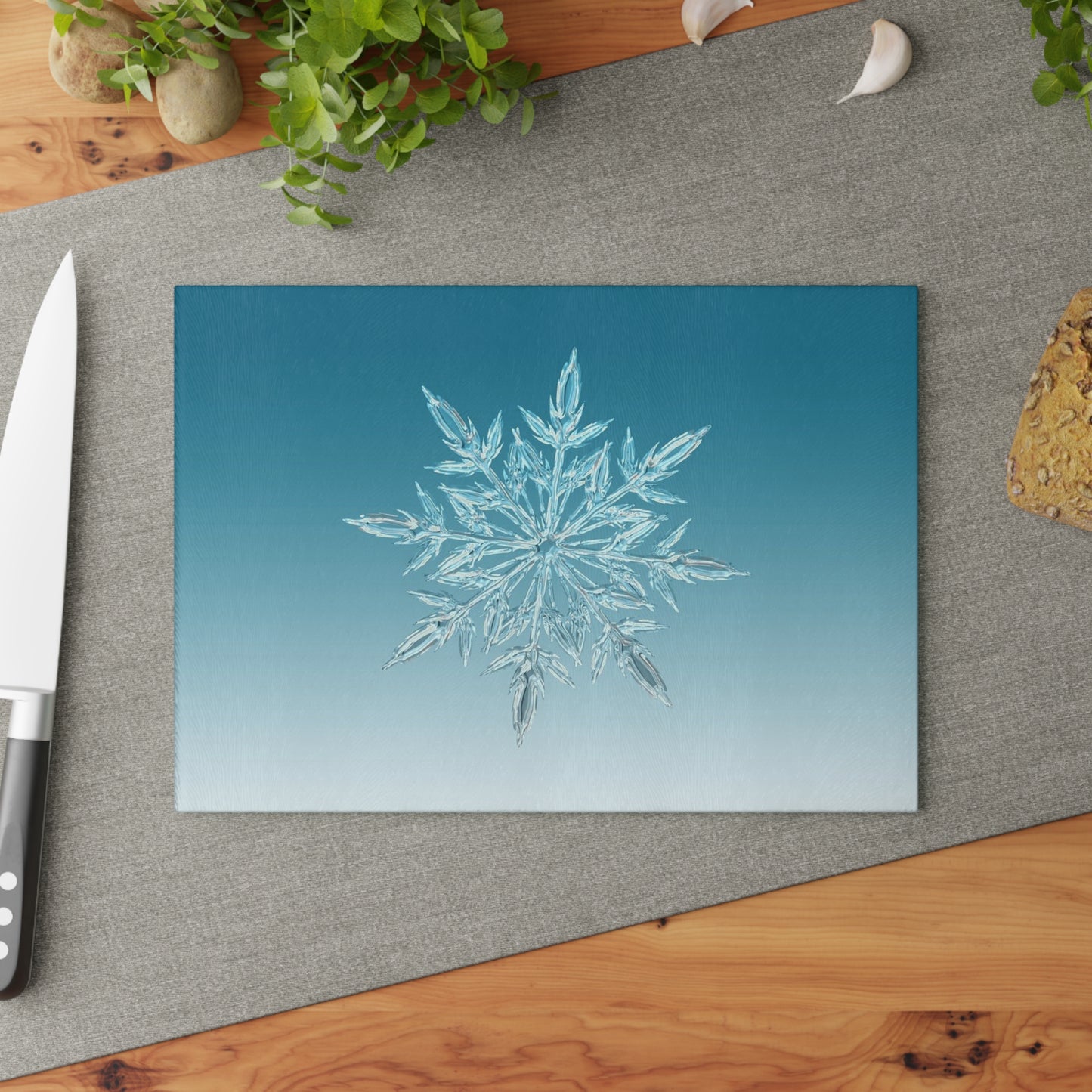 Snowflake Glass Cutting Board — Winter Kitchen Décor & Holiday Gift