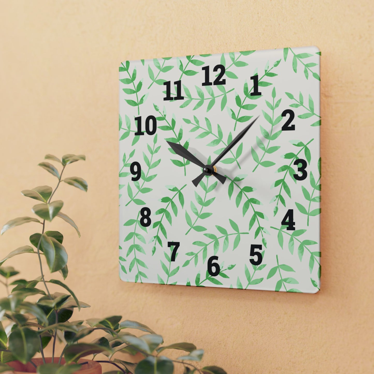 Elegant Leaf Pattern Acrylic Wall Clock, Modern Home Decor