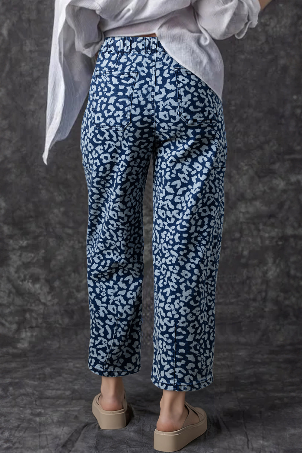 Blue Leopard Printed Drawstring Elastic Waistband Pocketed Barrel Jeans