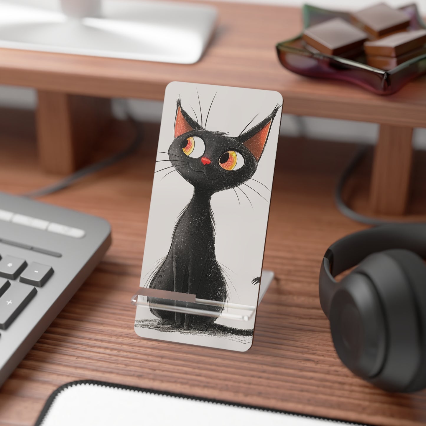 Cat Art Phone Stand — Cute Black Cat Smartphone Display Stand