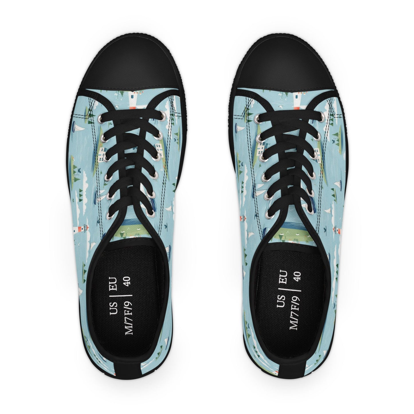Low Top Sneakers — Nautical Lighthouse Pattern, Cute Coastal Women’s Casual Shoes