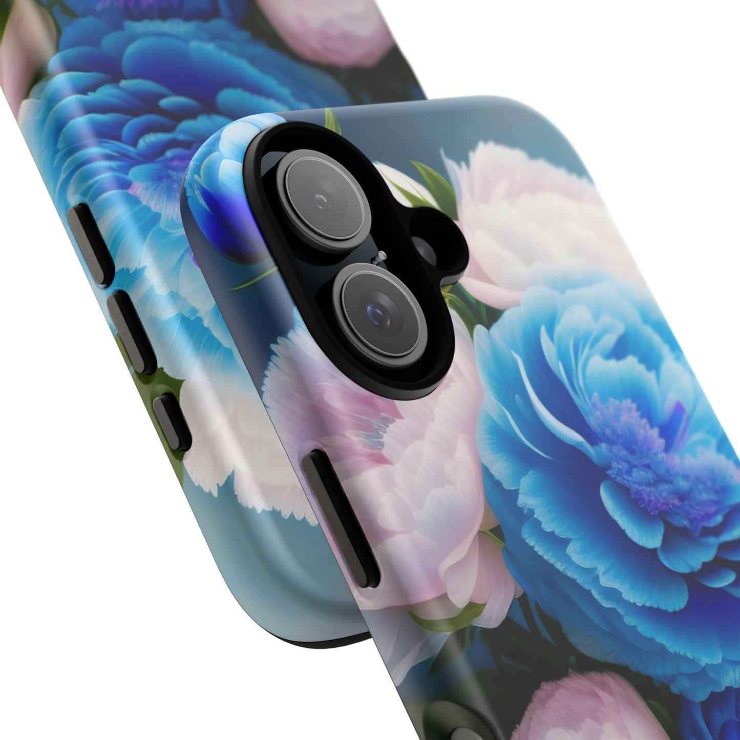 Floral Blue Peony Phone Case — Protective Tough Case with Pink & Blue Blooms