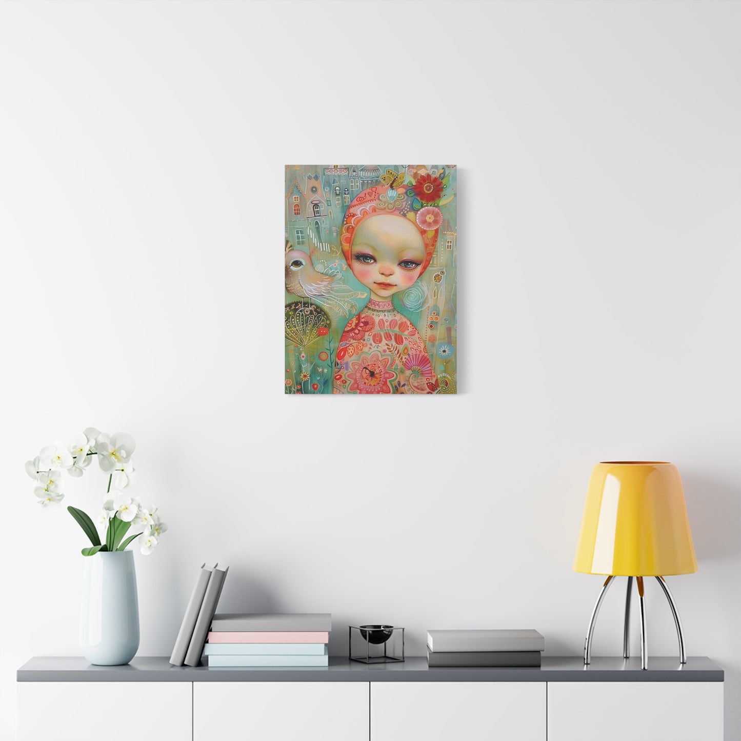 Whimsical Girl & Bird Matte Canvas Wall Art — Stretched Decorative Painting