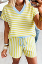Yellow Stripe Colorblock Trim V Neck Tee Drawstring Elastic Waist Short Set