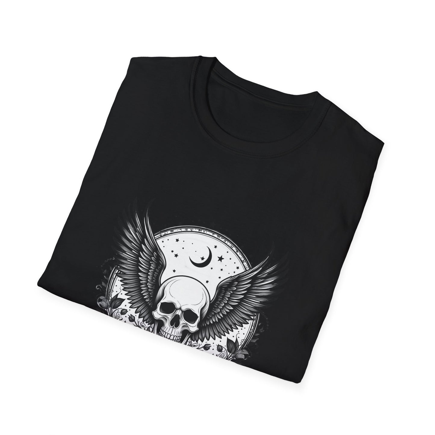 Skull Wings T‑Shirt – Crescent Moon & Red Roses Gothic Graphic Tee