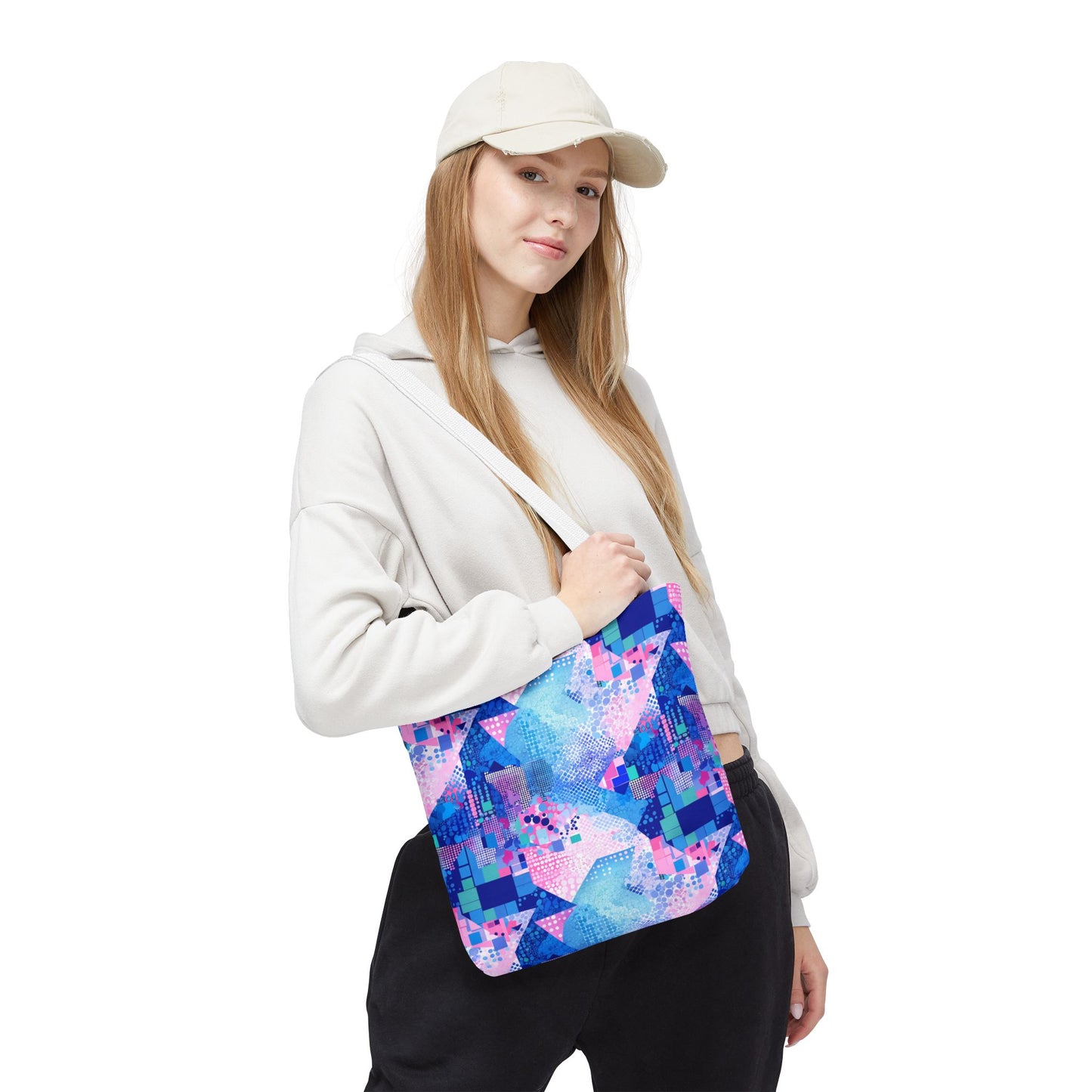 Abstract Blue Pink Geometric Tote Bag — Colorful Patterned All-Over Print Tote