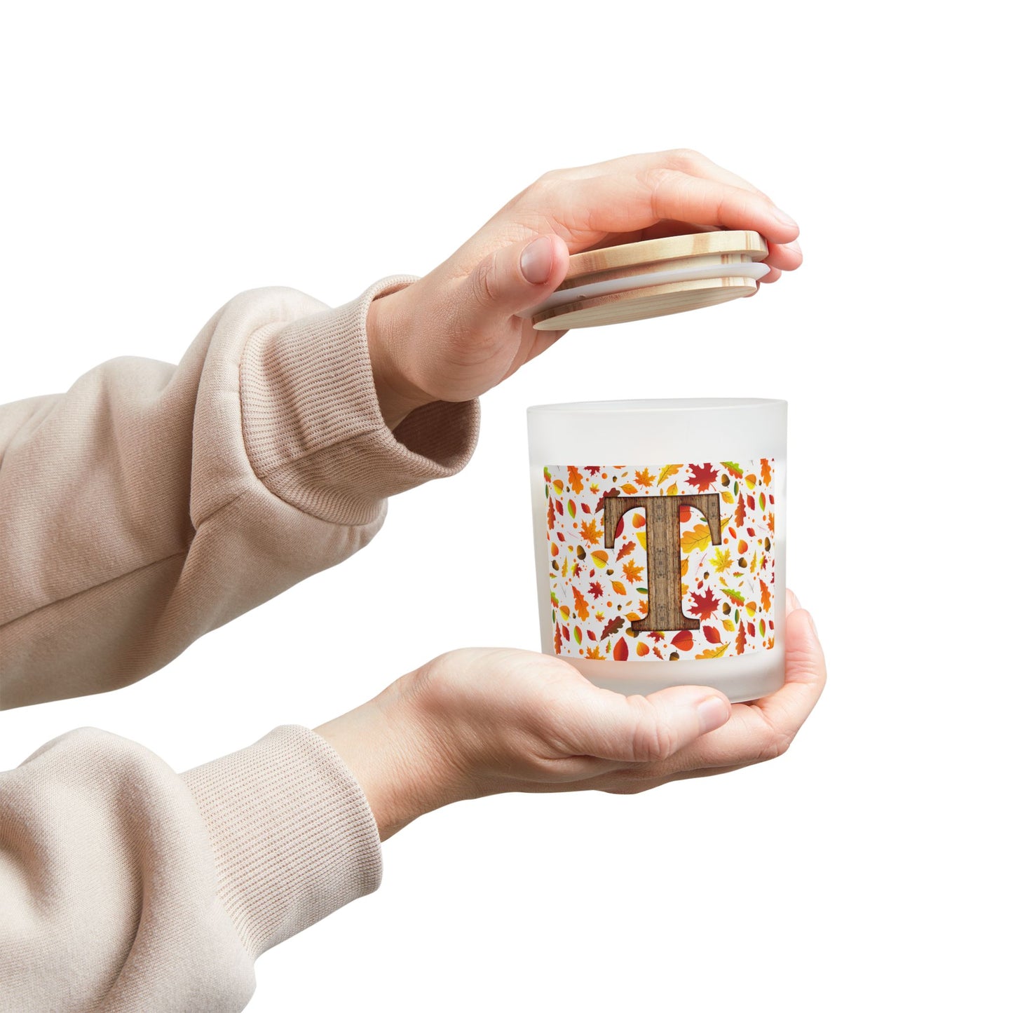 Autumn Leaves Monogram Candle — Frosted 11oz Soy Candle with Wood 'T' Initial