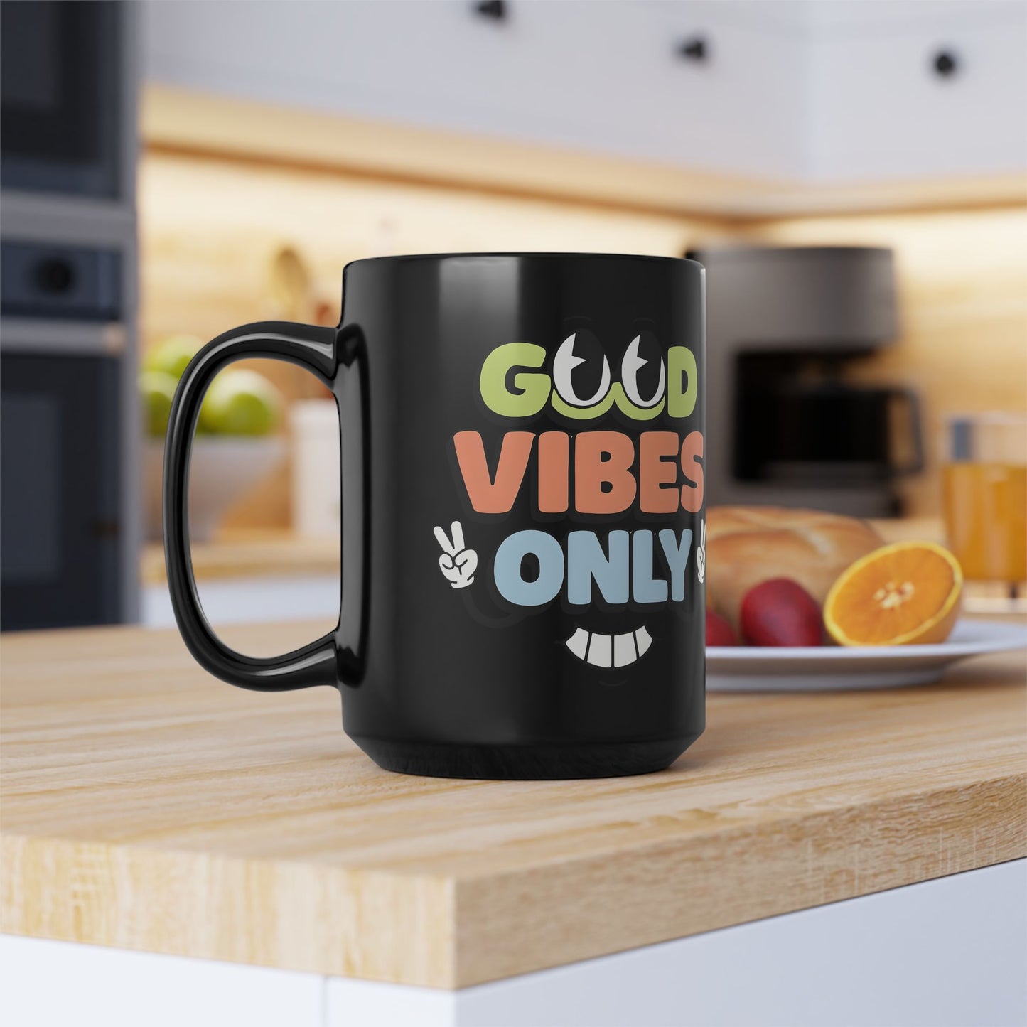 Good Vibes Only Black 15oz Mug — Retro Peace Sign Coffee Cup