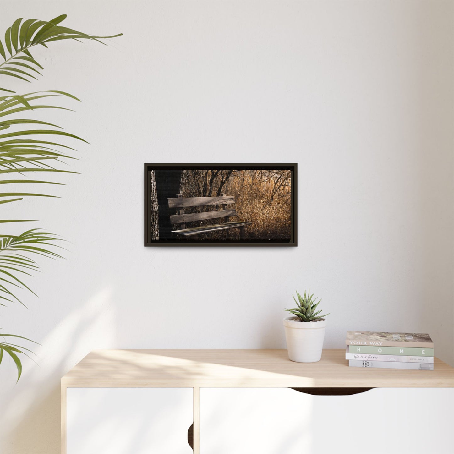 Framed Matte Canvas Print — Autumn Park Bench Photography