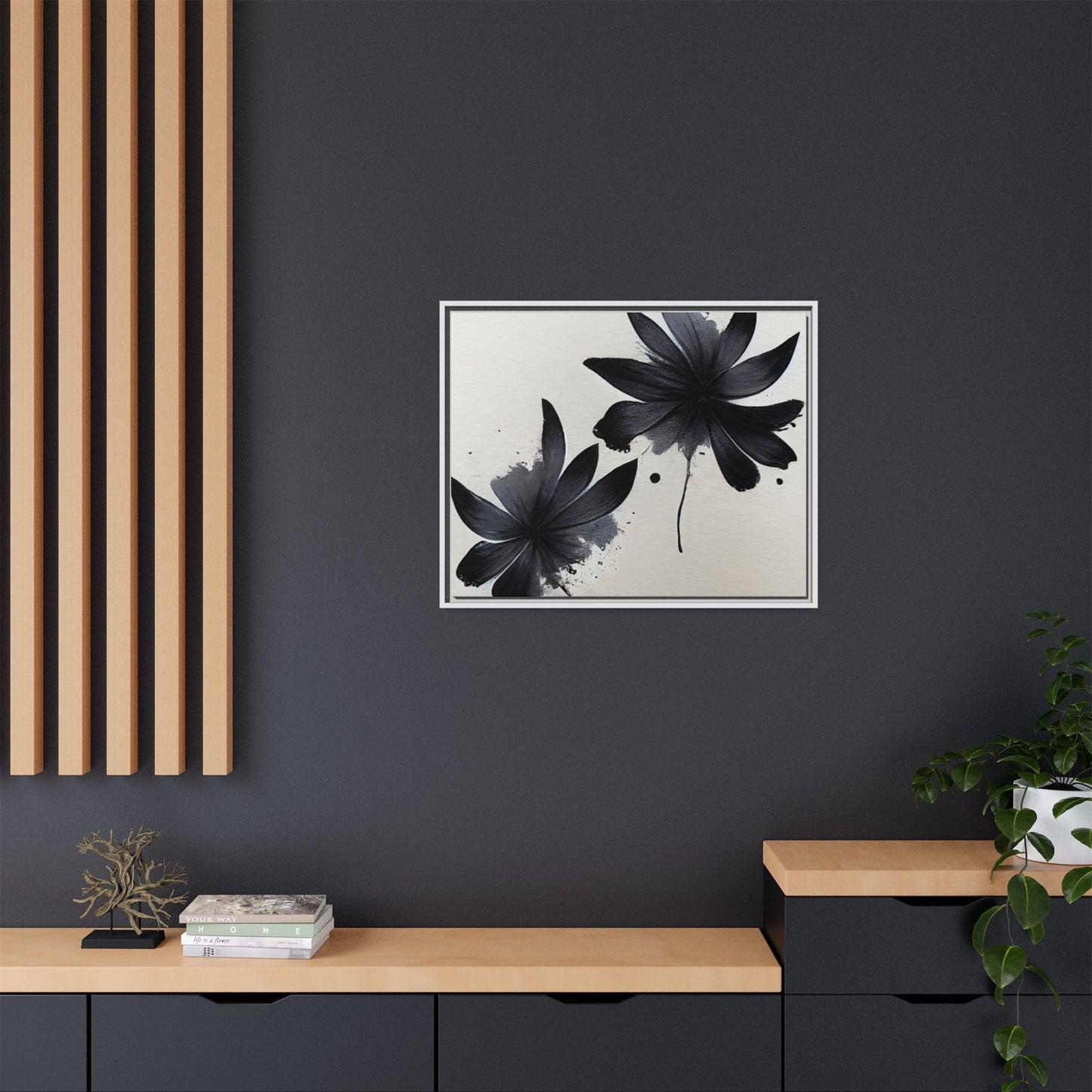 Framed Black Floral Matte Canvas Wall Art — Monochrome Botanical Print
