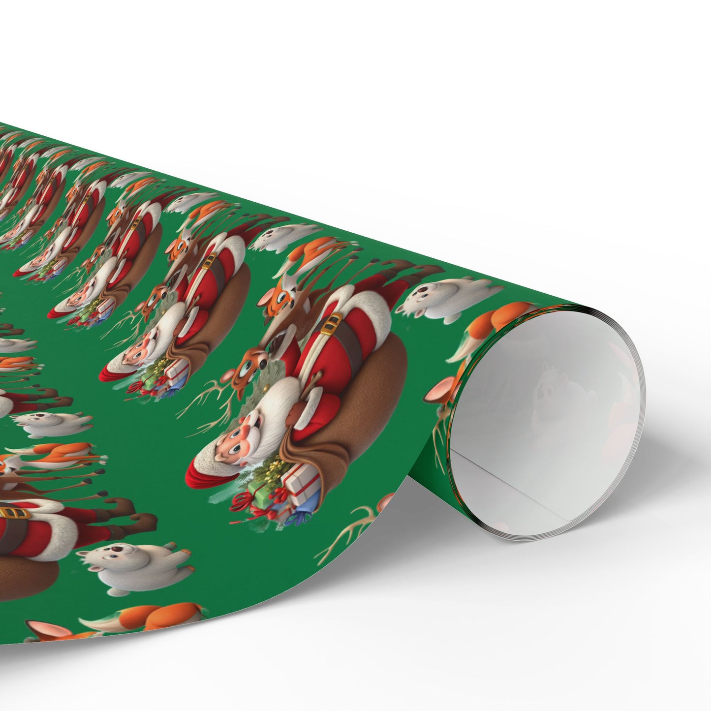 Christmas Santa & Reindeer Wrapping Paper Roll — Festive Green Holiday Gift Wrap