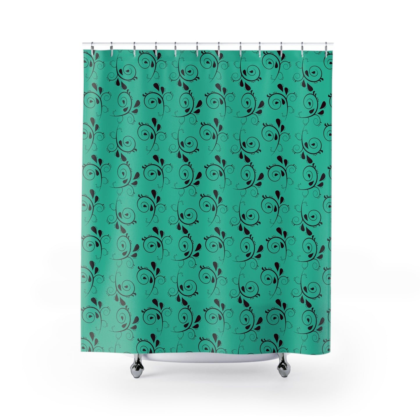 Teal Swirl Floral Shower Curtain – Elegant Black Vine Pattern Bathroom Décor