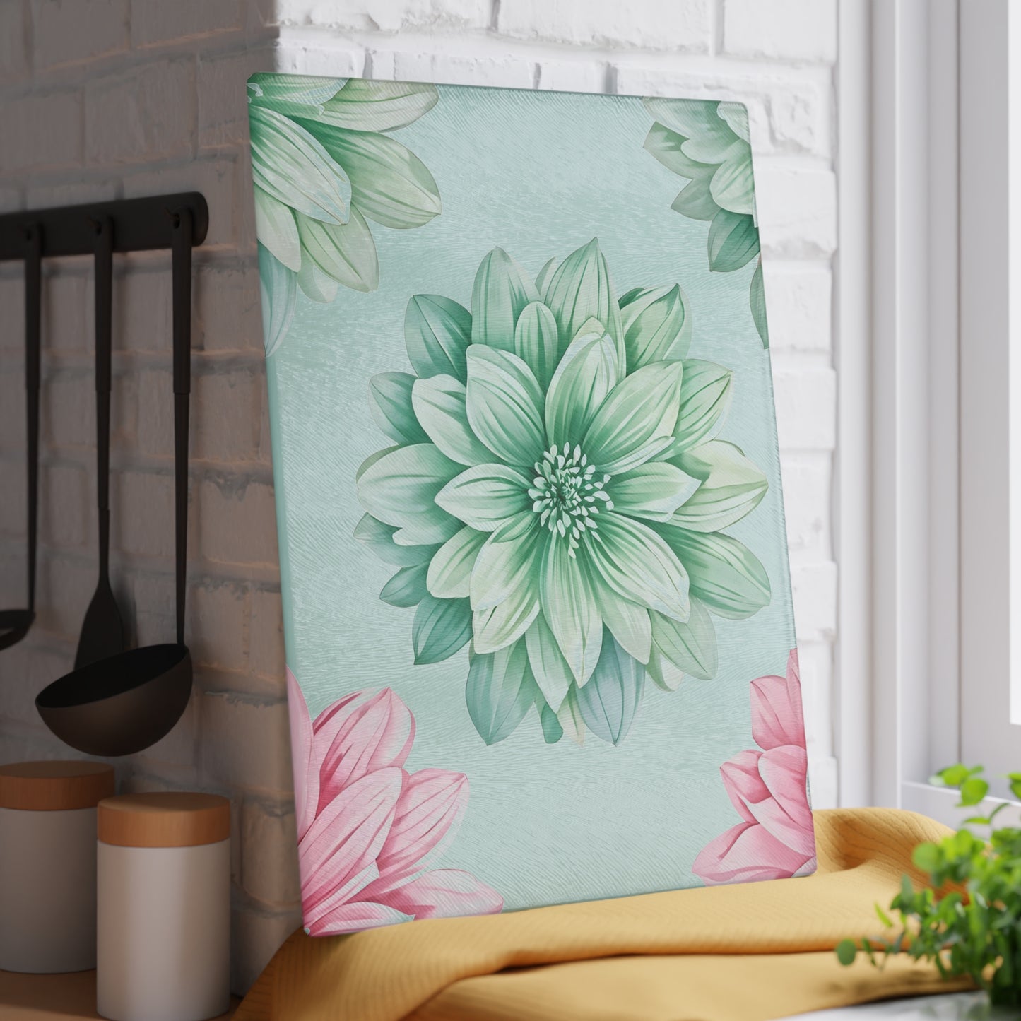 Floral Glass Cutting Board — Pastel Succulent Dahlia Kitchen Board