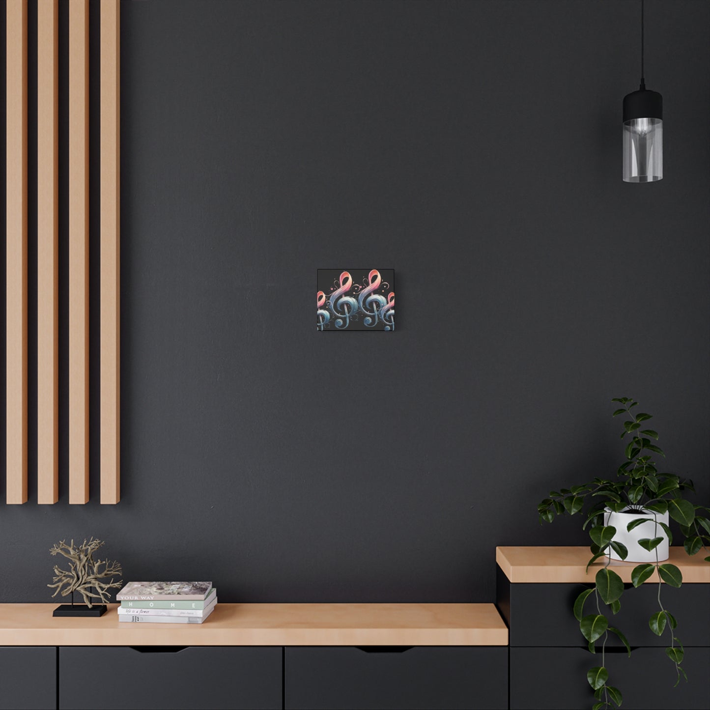 Musical Treble Clef Canvas Wall Art — Pastel Ribbon Notes on Black