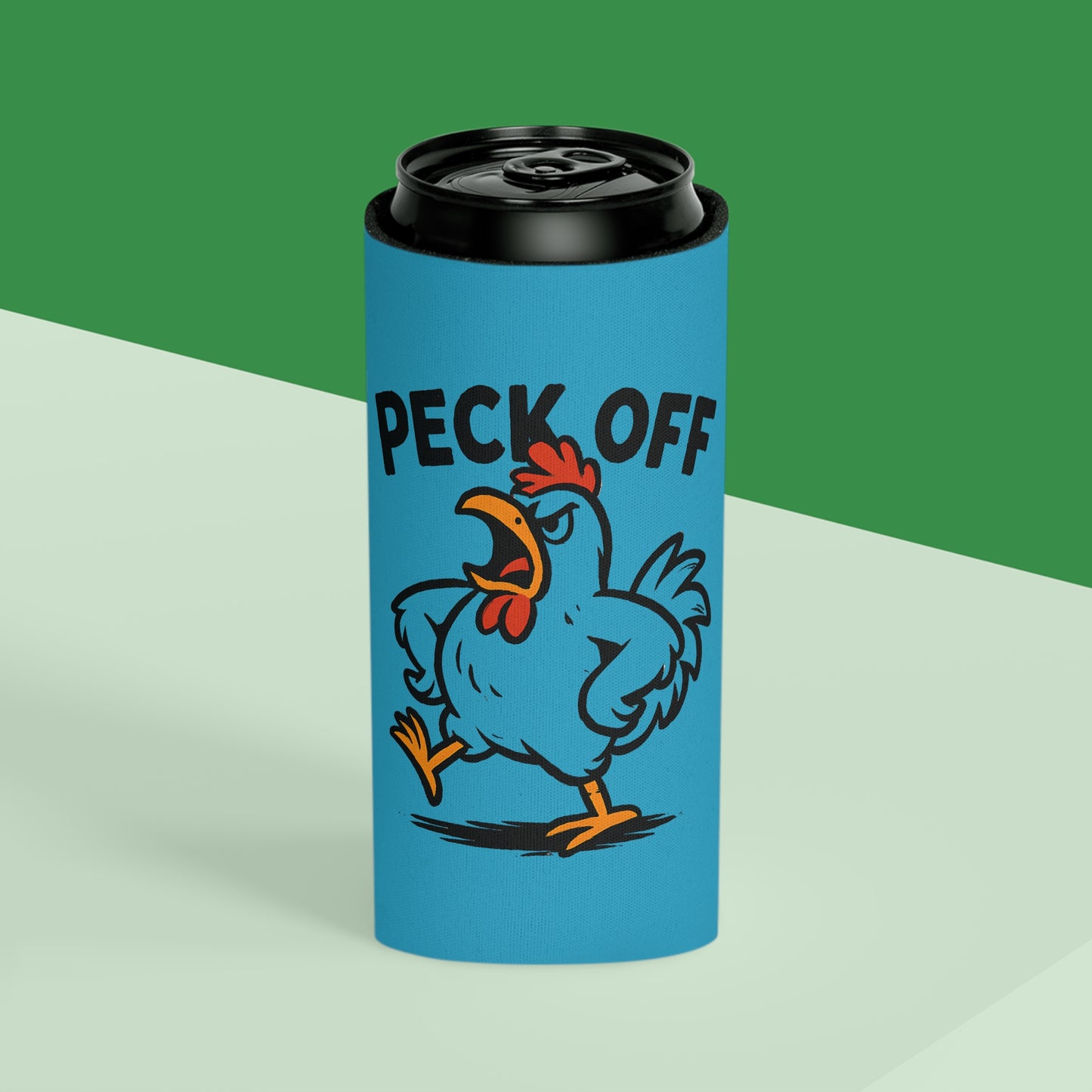 Can Cooler – 'Peck Off' Angry Rooster Drink Holder (Funny Farm Animal Koozie)