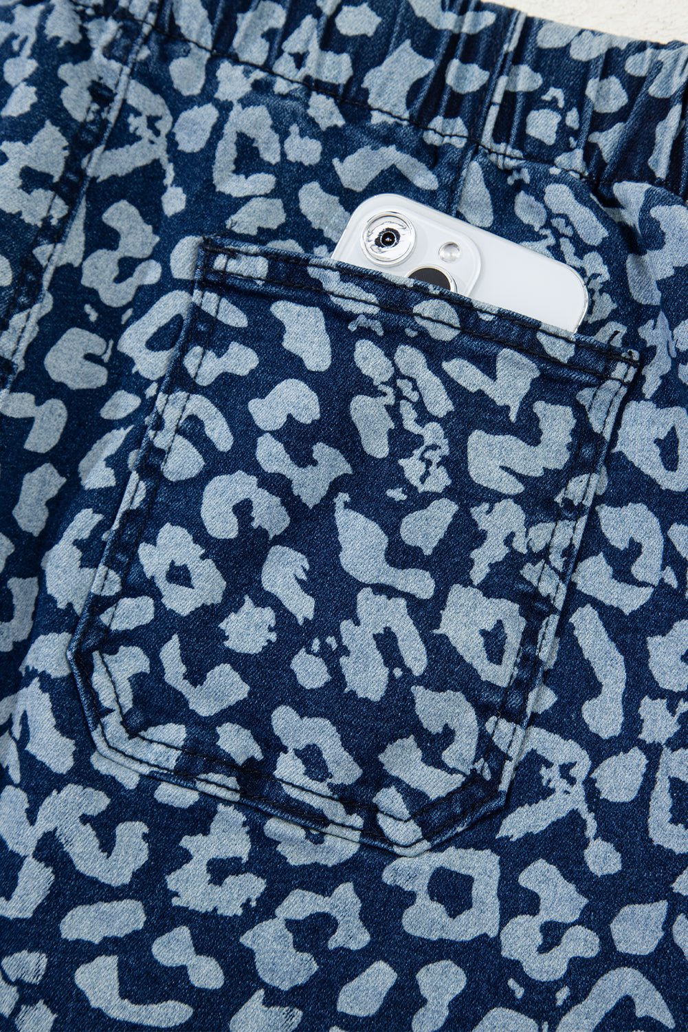 Blue Leopard Printed Drawstring Elastic Waistband Pocketed Barrel Jeans