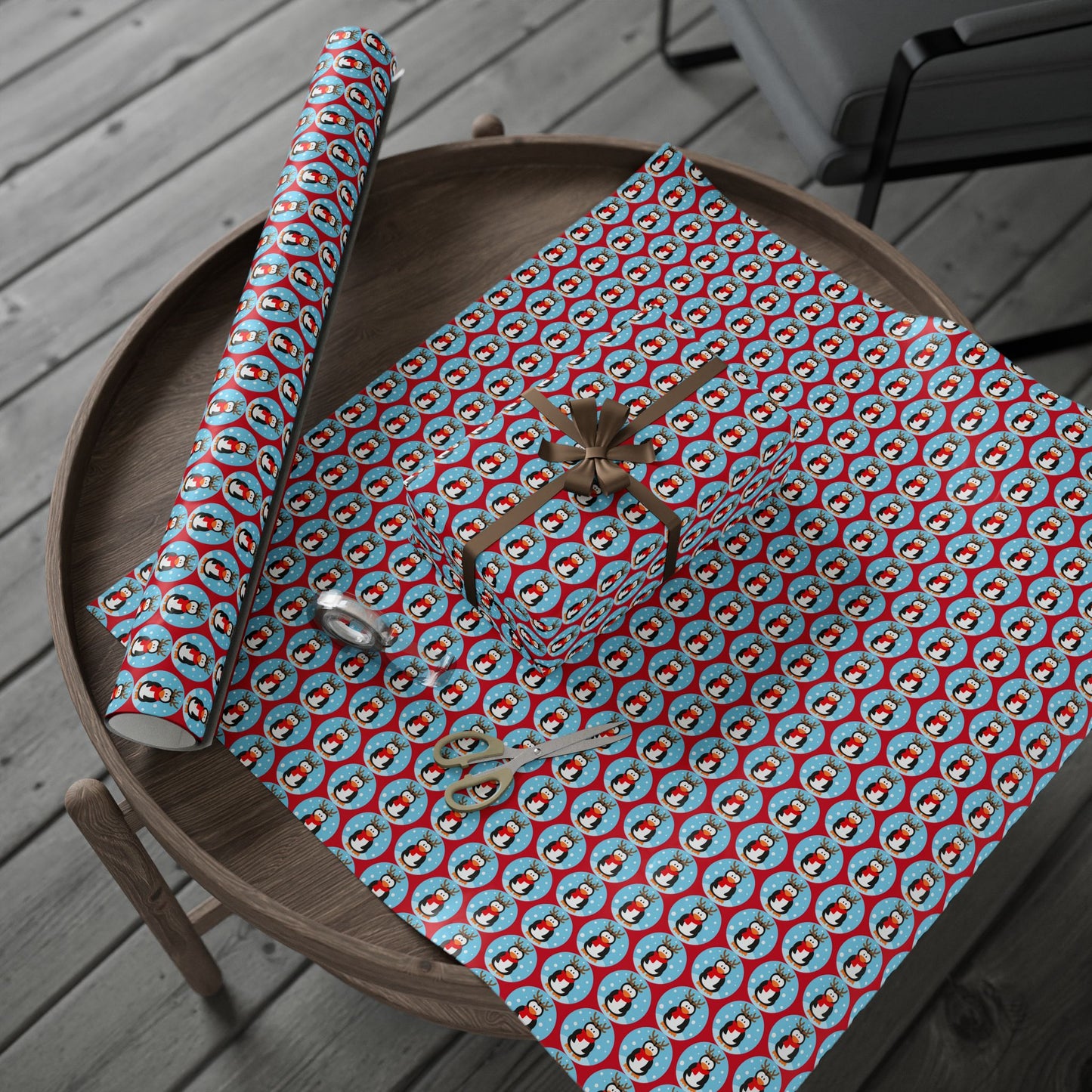 Wrapping Paper Roll — Festive Penguin Pattern Holiday Gift Wrap